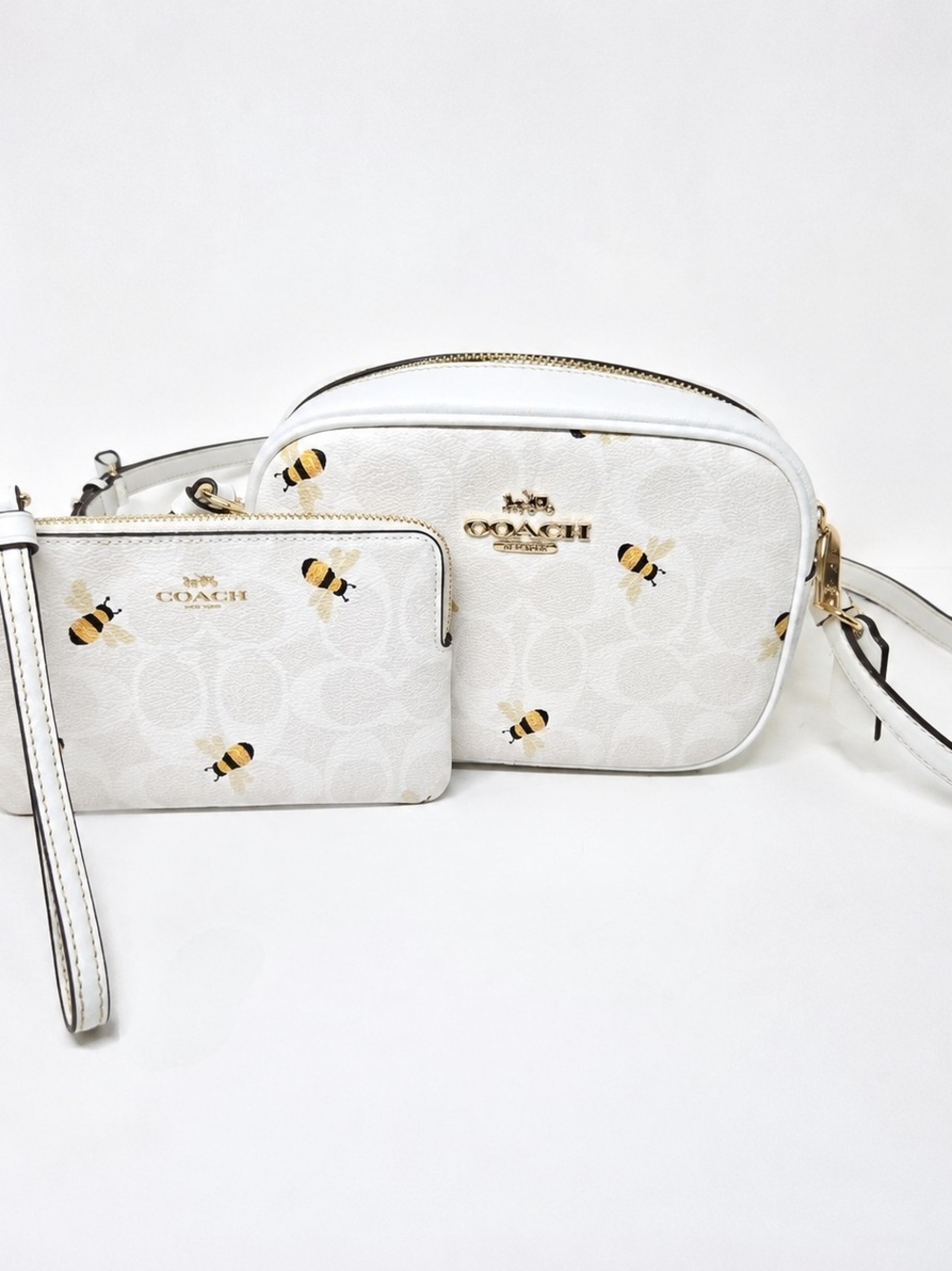 Coach White Bee Print Crossbody Camera Bag with Wristlet